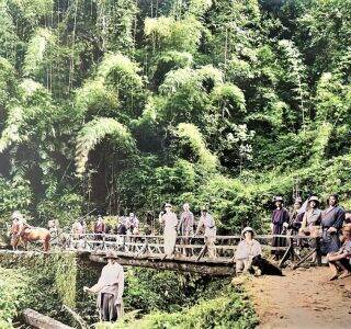Small-Bridge-over-waterfall-1925-Enhanced-Colorized