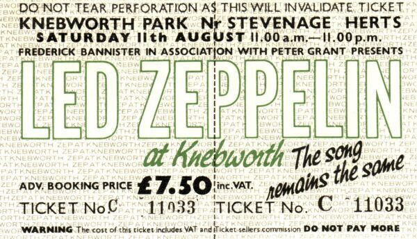 LED ZEPPELIN SHIVERS ’N’ SHAKES Led Zeppelin Original Knebworth 1979 Ticket - Knebworth House
